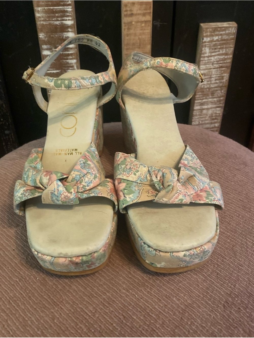 Vintage Floral Knot Platform Sandals with Ankle Strap Pastel Pink, Green & Cream